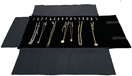 UnionPlus Velet Travel Jewelry Case Roll Bag Organizer for Necklace Bracelet Earrings Ring, Black - Necklace Only
