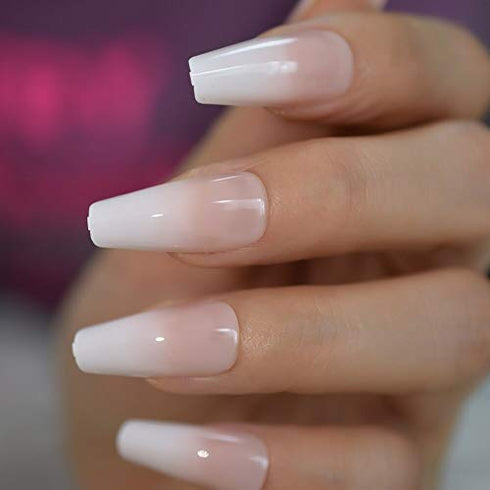 CoolNail Glossy Ombre Pink Nude White French Ballerina Coffin False Nail Gradient Natural Press on Ballet Fake Nails Tips Reusable Wear