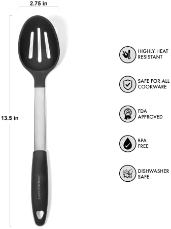 Daily Kitchen Slotted Cooking Spoon Heat Resistant Silicone and Stainless Steel Metal - Best Serving Spoon with Rubber Grip - Flexible Silicone Spoon for Non Stick Cookware – Spoons for Cooking