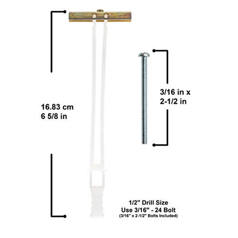 TOGGLER SNAPTOGGLE BA Toggle Anchor with Bolts, Zinc-Plated Steel Channel, Made in US, 3/8" to 3-5/8" Grip Range, For 3/16"-24 UNC Fastener Size (Pack of 2)