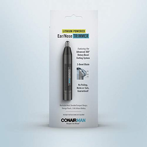 ConairMan Ear and Nose Hair Trimmer for Men, Cordless Lithium-Powered Trimmer, Patent 360 Bevel Blade for No Pull, No Snag Trimming Experience