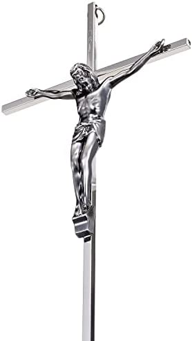 ACHIBANG Crucifix Wall Cross, Catholic Metal Crosses Wall Decor - 10 Inch - Shiny Silver