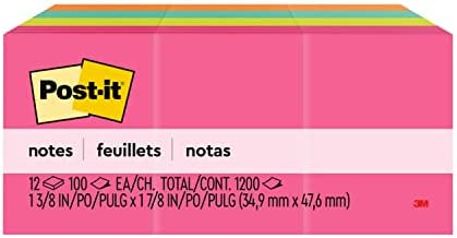 Post-it Mini Notes, 1.5x2 in, 12 Pads, America's #1 Favorite Sticky Notes, Cape Town Collection, Bright Colors (Magenta, Pink, Blue, Green), Clean Removal, Recyclable (653AN)