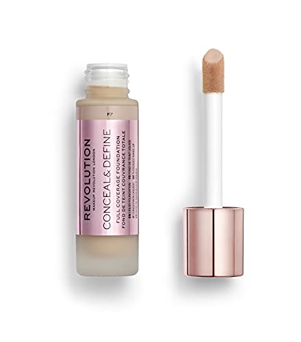 Makeup Revolution Conceal & Define Foundation, Cream Foundation Makeup, Full Coverage, For Medium Skin Tones, Vegan & Cruelty-Free, F7, 23ml