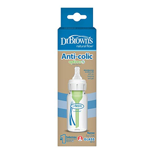 Dr. Brown’s Natural Flow® Anti-Colic Options+™ Narrow Glass Baby Bottle 4 oz/120 mL, with Level 1 Slow Flow Nipple, 1 Pack, 0m+