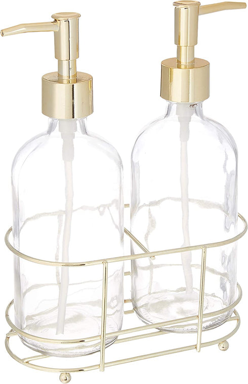 Circleware Duo Dispenser Accent Bottle Pumps in Metal Caddy Set of 2, Bathroom Accessories Home Decor for Essential Oils, Lotions, Liquid Soaps, 16 oz, Clear