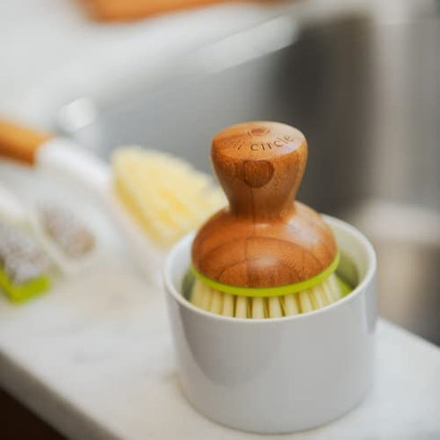 Full Circle Bubble Up Ceramic Soap Dispenser & Bamboo Handle Dish Brush Replaceable Kitchen Dish Scrubber with Soap Holder, Green