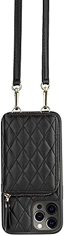LAMEEKU Wallet Case Compatible with iPhone 12 Pro Max, Card Holder Case with Crossbody Strap Leather Handbag Case for Women Protective Case Compatible with iPhone 12 Pro Max 6.7''-Black