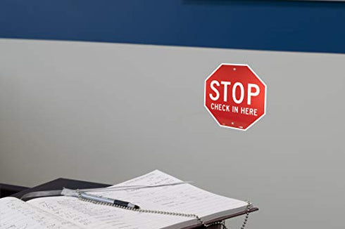 National Marker SS4R NMC Warning Sign,"Stop, Check in HERE”, 12” Height x 12” Width, Rigid Plastic, White on Red