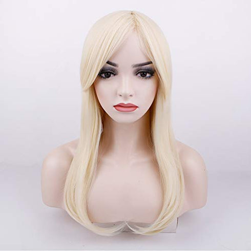 QUEENTAS Platinum Blonde Wig for Women with Side Bangs Layered Long Straight Free Part None Lace Synthetic Hair (Platinum Blonde)