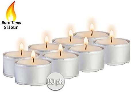 Ner Mitzvah 6 Hour Tea Light Candles - 80 Pack Bulk Package - White Unscented Travel, Centerpiece, Decorative Candle with Maxi Burn Time - Pressed Wax
