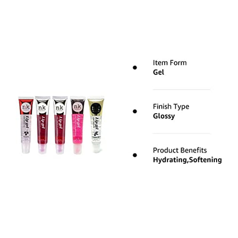 5 PACK NK Lip Gel with Vitamin E Bubble Gum, Argan, Strawberry, Cherry and Rosehip Lip Gloss by Nicka K New York