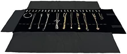 UnionPlus Velvet Travel Jewelry Roll Bag Organizer for Necklaces Bracelets, Extra Large Black with Elastic Band for Necklaces Only