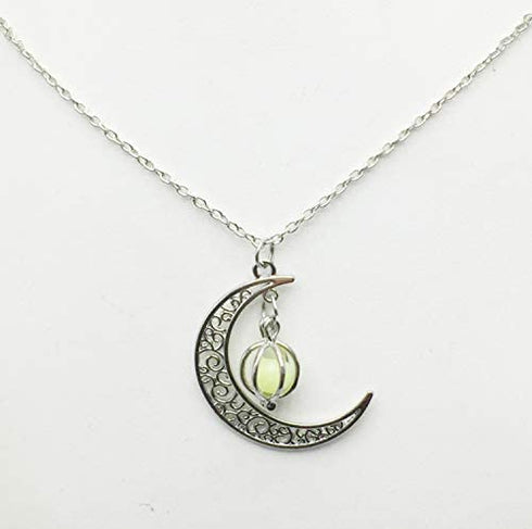Rckcu Glow in The Dark Silver Crescent Moon and Orb Necklace - Glowing Blue Moon Charm - Magical Fantasy Fairy Glowing Necklace - Glow Jewelry (sky blue)