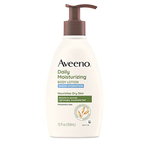 Aveeno Sheer Hydration Daily Moisturizing Fragrance-Free Lotion with Nourishing Prebiotic Oat, Fast-Absorbing Body Moisturizer for Dry Skin with Lightweight, Breathable Feel, 12 fl. Oz