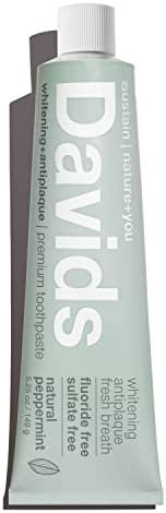 Davids Natural Whitening Toothpaste, Antiplaque, Fluoride Free, SLS Free, Peppermint, Metal Tube, Tube Roller Included, 5.25 OZ Value Size (Compare)