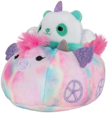 Squishville by Squishmallows Felicia in Carriage & Zeke in Car, Two 2” Soft Mini-Squishmallow Pandacorn and Zebra Plush, Plush Carriage and Car Vehicles, Irresistibly Soft Colorful Plush