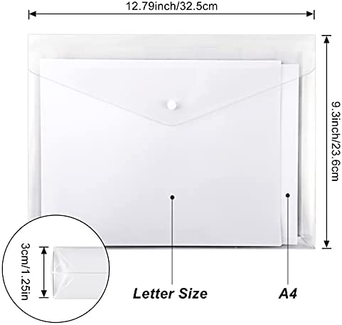 EOOUT 12pcs Plastic Envelopes, Clear Folders, Expandable Gusset and Plastic Waterproof Envelope with Snap Button Closure, Letter Size, A4 Size, for School and Office Suppiles