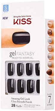KISS Gel Fantasy Ready-to-Wear Press-On Gel Nails, “Aim High”, Short, Black, Nail Kit with 24 Mega Adhesive Tabs, Pink Gel Glue, Manicure Stick, Mini File, and 28 Fake Nails