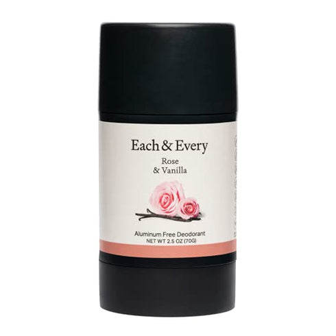 Each & Every Natural Aluminum-Free Deodorant for Sensitive Skin with Essential Oils, Plant-Based Packaging, Rose & Vanilla, 2.5 Oz.