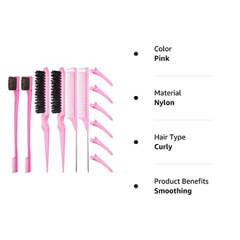 12 Pieces Hair Brush Set, Nylon Teasing Hair Brushes 3 Row Salon Teasing Brush, Double Sided Hair Edge Brush Smooth Comb Grooming, Rat Tail Combs with Duckbill Clips for Women Girls (Pink)1