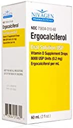Vitamin D2 Liquid Drops as Ergocalciferol, Faster Absorption, 400iu Vitamin D2 8,000 USP, 1,200 Servings, 60ml - 2 fl.oz.