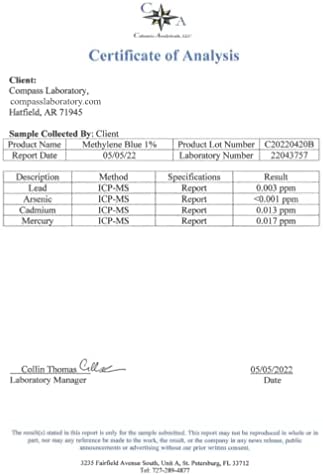 Methylene Blue 1% Compass Laboratory |USP-Grade Methylthioninium Chloride Liquid | High Purity Dietary Supplement for Brain Function & Cognitive Health | No Formaldehyde (1) 50ml Glass Dropper Bottle