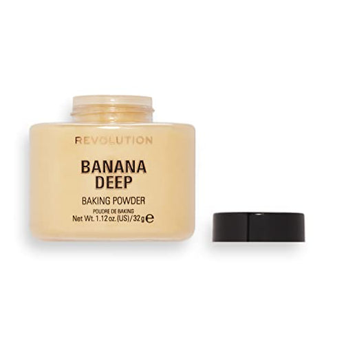 Makeup Revolution Loose Baking Powder, Make Up Setting Powder, Provides Long-lasting Coverage, Reduces Shine, For Medium To Dark Skin Tones, Banana Deep, 32g