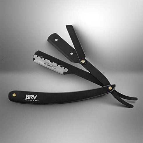 BRV MEN Professional GERMAN Steel Straight Edge Barber Razor - 100 Lord Platinum Single Edge Razor Blades - 100% German Stainless Steel Shavette - Shaving Knife For Men and Women - Black
