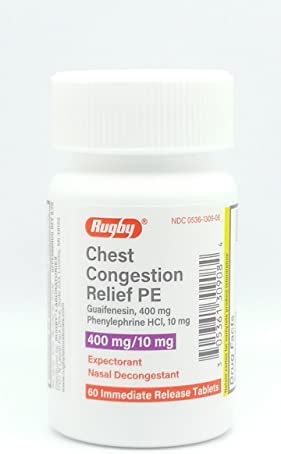 Rugby Chest Congestion Relief PE Guaifenesin 400 mg / Phenylephrine HCl 10 mg Expectorant Nasal Decongestant Relieves Chest & Sinus Congestion - 60 Immediate Release Tablets