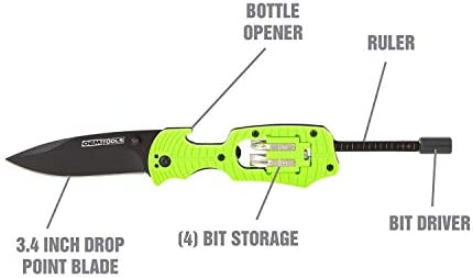OEMTOOLS 25541 Cut and Drive Multi Tool, Drop Point Knife, Screwdriver, Bit Set, Ruler, and Bottle Opener, EDC, Contractor, HVAC Tool, Green and Black