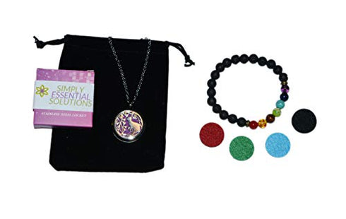 Aromatherapy Essential Oil Diffuser Stainless Steel 30MM Silver Magnetic Locket Pendant with Chain Necklace and Colored Refill Pads & Diffuser Bracelet all in a velvet bag (Cat)