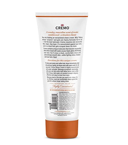 Cremo Barber Grade Sandalwood Shave Cream, Astonishingly Superior Ultra-Slick Shaving Cream Fights Nicks, Cuts and Razor Burn, 6 Fl Oz