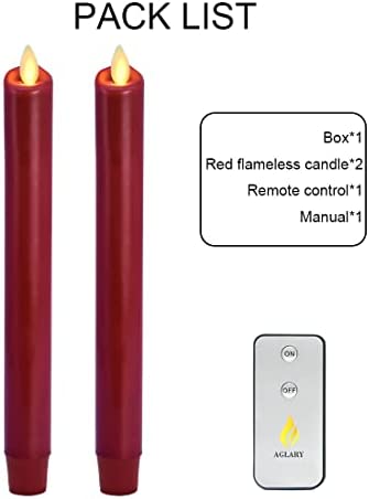AGLARY Flameless Flickering Wick Taper Candle, LED Battery Operated Candles with Timer and Remote, 8" Set of 2 Burgundy