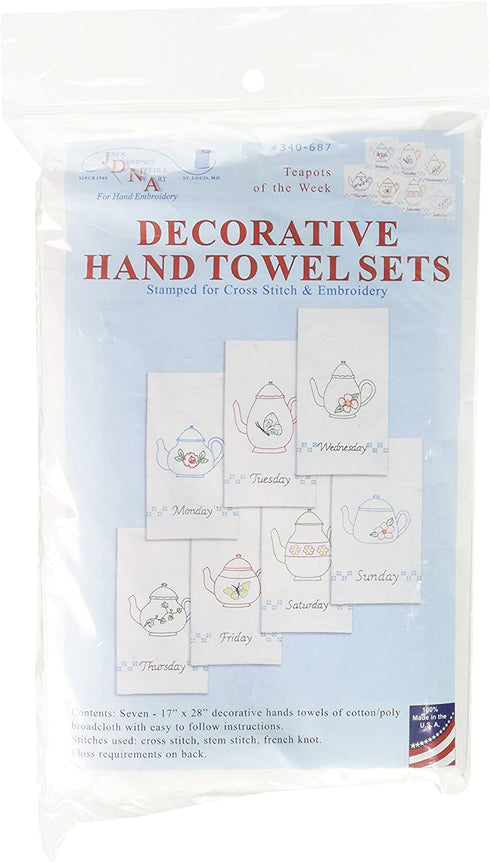 Jack Dempsey 340-687 Stamped Decorative Hand Towels (Set of 7), 15" x 30",Teapots of The Week, White