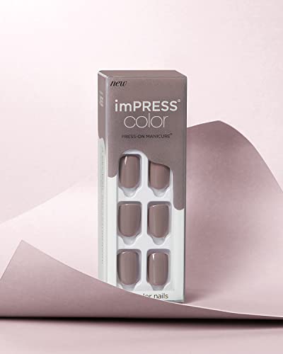 KISS imPRESS Color Press-On Nails, Gel Nail Kit, PureFit Technology, Short Length, “Taupe Prize”, Polish-Free Solid Color Manicure, Includes Prep Pad, Mini Nail File, Cuticle Stick, and 30 Fake Nails