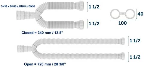 EASYDRAIN Ref. 505 DOUBLE KITCHEN SINK P-trap, Expandable & Flexible 1-½" with 2 female threaded Nuts on both sink outlets and 4 size options to connect to the wall drain: DN38 x DN40 x DN48 x DN50