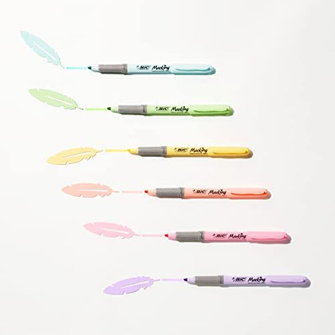 BIC Highlighter Grip Pastel, Highlighter Pens with Adjustable Chisel Tip, Rubber Grip for Extra Comfort, Assorted Colours, Pack of 6