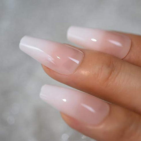 CoolNail Glossy Ombre Pink Nude White French Ballerina Coffin False Nail Gradient Natural Press on Ballet Fake Nails Tips Reusable Wear