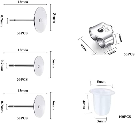 190 PCS Hypoallergenic 925 Sterling Silver Plated Earrings Posts Flat Pad Blank Earrings Pin Studs with 925 Sterling Silver Earring Backs for DIY Jewelry Making Findings( 5mm 6mm 8mm)