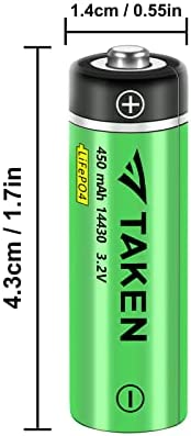 Taken 14430 3.2 Volt Rechargeable Solar Battery, 3.2V 450mAh 14430 LiFePO4 Rechargeable Battery for Solar Panel Outdoor Garden Lights (NOT AA Battery) - 8 Pack