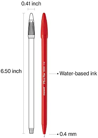 MONAMI Plus Pen 3000 Felt Tip Pens, Fine Point (0.4mm), Fine Liner, Writing/Journaling/Note Taking at home, school and office, Red, 12-Count