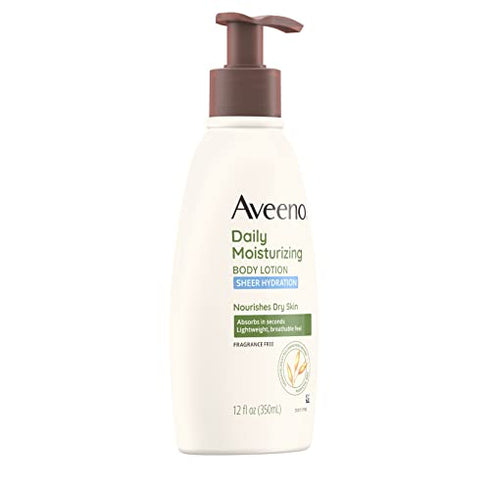 Aveeno Sheer Hydration Daily Moisturizing Fragrance-Free Lotion with Nourishing Prebiotic Oat, Fast-Absorbing Body Moisturizer for Dry Skin with Lightweight, Breathable Feel, 12 fl. Oz