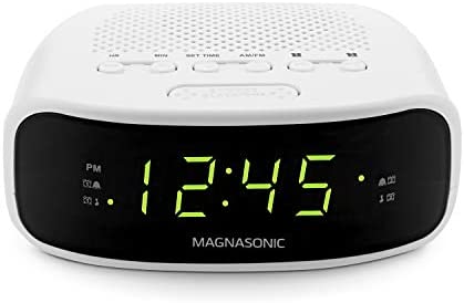 Magnasonic Digital AM/FM Clock Radio with Battery Backup, Dual Alarm, Sleep & Snooze Functions, Display Dimming Option,White (EAAC201)