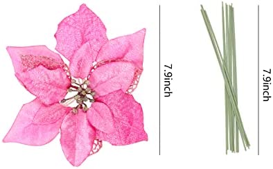 Festivous Wishel Pack of 12 Glitter Artificial Wedding Christmas Flowers Glitter Poinsettia Christmas Tree Ornaments (Pink)