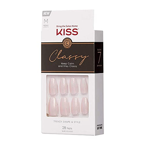 KISS Classy French Nail Manicure Kit with Gel Finish, Medium, Coffin Shaped, “Cozy Meets Cute”, Nail Kit Includes Pink Nail Glue (Net Wt. 2 g / 0.07oz.), Mini File, Manicure Stick, and 28 Fake Nails