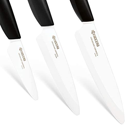 Kyocera 3-Piece Slicing Knife Set Ceramic, 5-inch 4.5-inch and 3-inch, Black Handle with White Blades