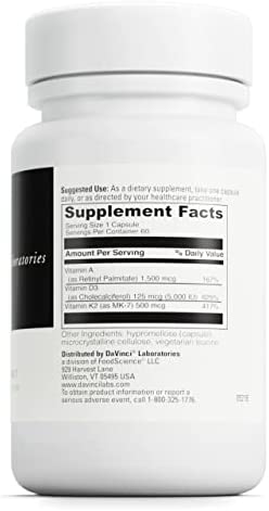 Davinci Labs ADK - Dietary Supplement to Support Bone Structure, Heart Health and Immune Function - with Vitamin A, Vitamin D3 5,000 IU and Vitamin K2 - Gluten-Free - 60 Vegetarian Capsules