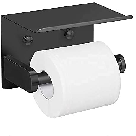 VAEHOLD Self Adhesive Toilet Paper Holder with Phone Shelf SUS 304 Stainless Steel Wall Mounted Toilet Paper Roll Holder - Rustproof and Bathroom Washroom Tissue Roll Holder with Shelf - Black