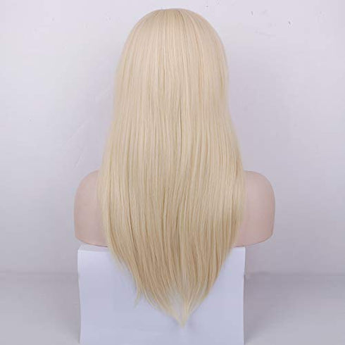 QUEENTAS Platinum Blonde Wig for Women with Side Bangs Layered Long Straight Free Part None Lace Synthetic Hair (Platinum Blonde)